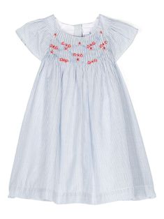 red/white/blue cotton textured finish vertical stripe pattern round neck sleeveless ruffled detailing floral embroidery flared design full lining straight hem rear button fastening Spring Cotton Dress With Striped Hem, Dress With Jean Jacket, Baby Boy Accessories, Dolce And Gabbana Kids, Cotton Texture, Stella Mccartney Kids, Skirted Swimwear, Coat Dress, Dress Blue