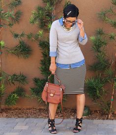 Styling Pencil Skirt, Mimi G Style, Pencil Skirt Casual, Mimi G, Skirt Casual, Style Advice, Striped Skirt, Sewing Diy, Denim Blouse