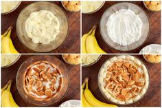 four pictures showing the steps to make a dessert with bananas and whipped cream in glass bowls