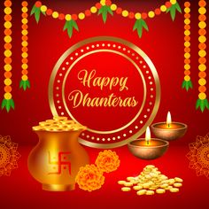 happy dhanteras with golden pots and candles on red background for diwaling