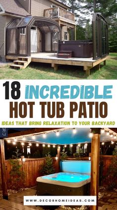 Looking to create a relaxing retreat in your backyard? Check out these 18 incredible hot tub patio inspirations that will transform your outdoor space into a serene oasis. Discover a variety of design ideas, from lush greenery and ambient lighting to stylish furniture and creative layouts, all tailored to elevate your hot tub experience. Get inspired to build the perfect spot for unwinding and rejuvenation! Backyard Hot Tub Landscaping Ideas, Backyard Hot Tub Patio Ideas, Outdoor Hot Tub Enclosure Ideas, Hot Tub In Garden Ideas, Hot Tub And Pergola Ideas, Back Deck Ideas With Hot Tub, Patio Hottub Ideas Outdoor Hot Tubs, Hot Tub Cabana Ideas, Home Hot Tub Ideas