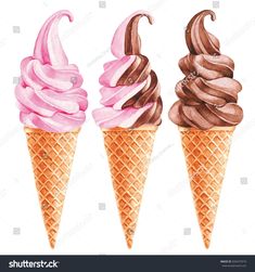 three ice cream cones with chocolate, pink and white icing on top stock photo