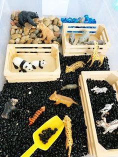 there are many different types of toys in the bins on the table with rocks