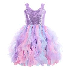 PRICES MAY VARY. Girls purple tutu dress's style: sleeveless sparkly stretchy purple sequins top with layered handmade purple,pink,baby blue swirls curly tulle, V-neck, the fluffy princess dress with lining. Princess girls birthday dress material: Girls tulle dress is absolutely adorable! The bottom is layers and layers of tulle that always look puffy rather than flat, plus are excellent for running and have so much movement that they should fit any child. Wear shorts are recommended underneath Princess Barbie Birthday Party, Kids Barbie Birthday Party, Unicorn Birthday Party Dress, Birthday Sequin Dress, Princess Birthday Party Dress, Unicorn Birthday Dress, Purple Tutu Dress, Barbie Invitations, Toddler Birthday Dress