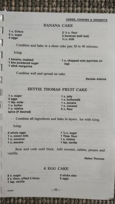 the menu for banana cake with instructions on it