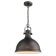 an industrial style pendant light with chain hanging from the front and side, on white background