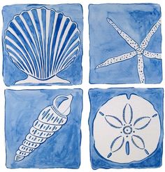 four seashells and starfish on blue watercolor paper, each with different designs