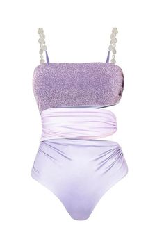 Shimmer metallic fabric Square neckline Color block design Pearl decor Side cut-out Adjustable straps Removable padding High-cut legs Moderate coverage Disco Swimsuit, Swimsuit With Skirt, Burkini Swimsuit, Mermaid Swimwear, Swimsuit Plus Size, Bathing Suit Designs, Shiny Texture, Purple Swimsuit, Skirt Swimsuit