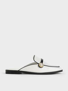 White Two-Tone Pearl-Embellished Loafer Mules | CHARLES & KEITH Monochromatic Design, Pu Heels, Birthday List, Loafer Mules, Charles Keith, Kids Gifts, Modern Woman, Trending Shoes, Piping