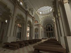 the interior of an old church with wooden pews