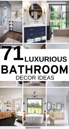 bathroom decor ideas that are all white and black with the words, 7 luxurious bathroom decor ideas