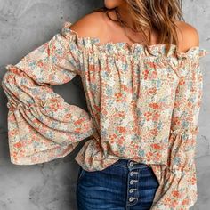 A little bit of western + summery style! An eye-catching lovely floral top. The top has an off-the-shoulder ruffled neckline. The body is loose + flowy. The long sleeves have a tiered wide bell style. Available in sizes S-2XL. Shop zjoxa.com 🤍 Free Shipping 🇺🇸 🇨🇦 #womensfashion #onlineclothingstore #onlinestore #clothing #onlinefashion #trendystyle #shopclothes #fashioninspo #fashionlover #fashiondaily #floraltop #boho #westernstyle #springoutfit #summeroutfit Bell Sleeve Shirt, Autumn Sleeve, Ruffle Bell Sleeve, Shoulder Stretch, Bell Sleeve Blouse, Boho Casual, Chiffon Blouse, Boho Blouses, Sleeves Pattern