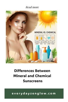 Woman in a sun hat with sunscreen products, comparing mineral vs. chemical sunscreens. Text: Differences Between Mineral and Chemical Sunscreens.