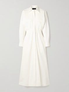 Find BRANDON MAXWELL The Celeste Ruched Cotton-poplin Maxi Shirt Dress on Editorialist. Brandon Maxwell re-imagines the classic shirt dress, and the resulting 'The Celeste' style is incredibly chic. Designed with folds at the waist for a nipped-in appearance, it's made from crisp cotton-poplin and has a concealed button placket.