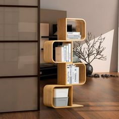 a book shelf with several books on it in a living room next to a window