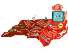 an illustrated map of the united states with different locations and names on it, including bbq