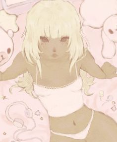 a drawing of a woman laying in bed with stuffed animals around her and wearing a bra