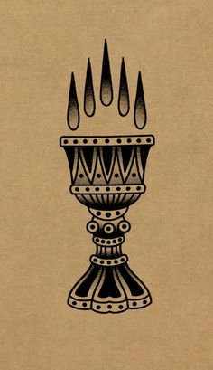 a black and white drawing of a vase with candles on it's side, against a brown background