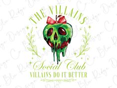 a green apple with a red bow on it and the words, the villain's special