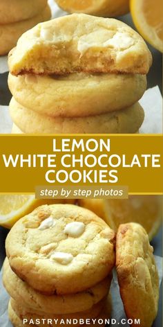 lemon white chocolate cookies stacked on top of each other