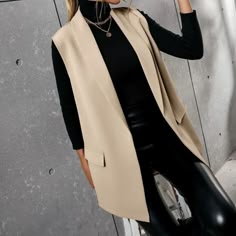 Solid Shawl Neck Vest Blazer Long Vest Outfit Fall, Shawl Neck Vest, Sleeveless Vest Outfit, Sleeveless Blazer Outfit, Duster Outfit, Vest Outfits For Women, Getaway Outfit, Shawl Neck, Business Casual Outfits For Women