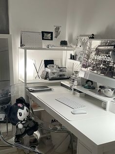 a white desk topped with a computer monitor and keyboard