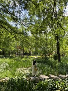 a woman walking through a lush green forest