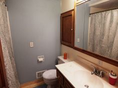 a bathroom with a toilet, sink and mirror