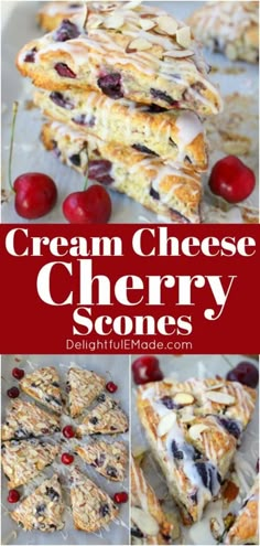 cream cheese cherry scones with cherries and almonds in the middle, stacked on top of each other