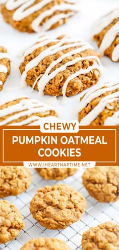 chewy pumpkin oatmeal cookies with white icing are on a cooling rack