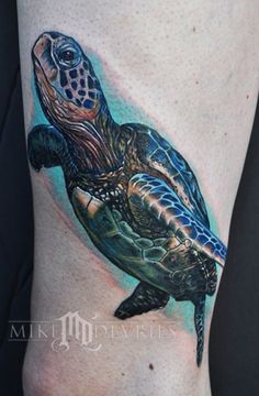 a turtle tattoo on the leg of a person's leg with blue and green ink