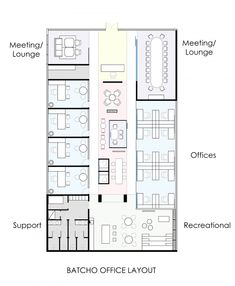 the floor plan for an office building with two levels and three rooms, each with different seating