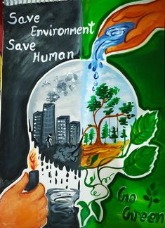 a painting on the side of a building with trees and buildings in it, which reads save environment save human go green