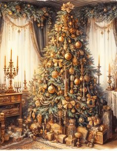 a painting of a christmas tree in a living room with gold ornaments on the top