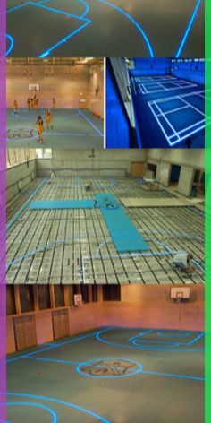 an indoor tennis court with blue and green lines