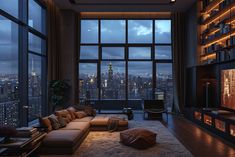 a living room filled with lots of furniture and large windows overlooking the city at night