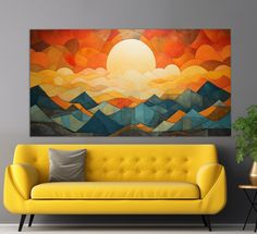 a living room with a yellow couch and large painting on the wall above it's headboard