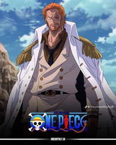 one piece anime character with red hair and white coat, standing in front of mountains