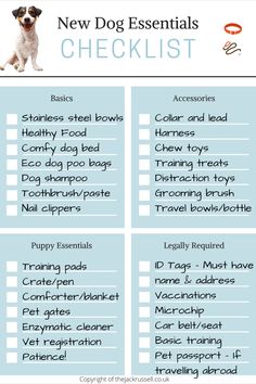 the new dog essentials checklist is shown in blue and white, with an image of