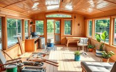 a living room filled with lots of furniture next to a window covered in wooden planks