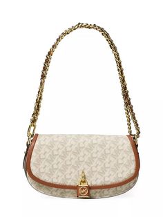 Crafted of durable coated canvas printed with the brand's Empire monogram motif, the small Mila bag from Michael Kors is finished with a braided chain-link strap. This curved silhouette features a signature padlock charm..Removable shoulder strap.Exterior: one back slip pocket.Interior: one slip pocket, three card slots.Snap fastening.Textile.Trim: leather.Lining: 100% polyester.Imported.SIZE.About 8.5'W x 4.75'H x 2.25'D.Removable shoulder strap: about 18.5' drop.Crafted of durable coated canva Monogram Canvas Shoulder Bag With Chain Strap For Travel, Monogram Canvas Shoulder Bag With Logo Hardware, Travel Shoulder Bag With Chain Strap And Monogram Canvas, Elegant Coated Canvas Bags With Logo Hardware, Brown Monogram Canvas Shoulder Bag With Chain Strap, Brown Monogram Canvas Bag With Chain Strap, Gold Monogram Canvas Shoulder Bag With Chain Strap, Travel Bag With Chain Strap And Monogram Canvas, Luxury Michael Kors Shoulder Bag With Logo Hardware