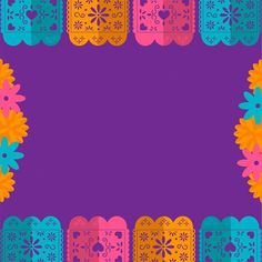 an image of a colorful border with flowers and hearts on purple background for your design