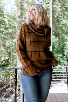 Welcome cozy weather with our new Birmingham Sweater! The trendy brown and black grid pattern is perfectly paired with the warm turtleneck. Cold Weather Outfit, Baltic Born, Funnel Neck Sweater, Sweater Brown, Chunky Knit Cardigan, Cozy Knit, Grid Pattern, Light Sweater, Cardigan Fashion