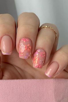 Flowers Nail Art Designs, Nude And Pink Nail Designs, Bright Floral Nails, Short Square Gel Nail Designs, Floral Nails Square, Flowers In Nails, Floral Tip Nails, Nails With Floral Design, Floral Gel Nails