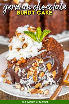 german chocolate bundt cake on a white plate with nuts and whipped cream in the middle