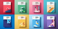 a series of brochures designed to look like different geometric shapes and sizes, with the same color scheme