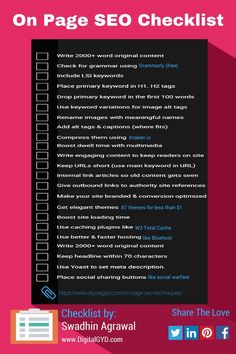 a pink background with the words on page seo checklist