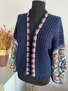 Navy Blue Cardigan, Cardigan Crochet, Summer Cardigan, Bohemian Summer, Floral Cardigan, Blue Cardigan, Lightweight Cardigan, Crochet Fashion, Jumpers And Cardigans