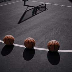 three basketballs are lined up on the court