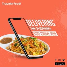 an advertisement for the food delivery service with a plate of noodles and sauce on it